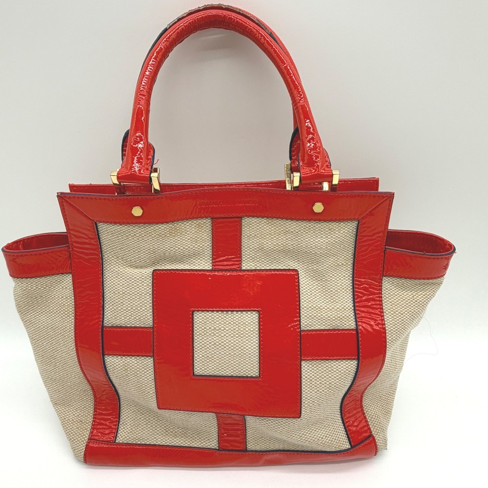 Jonathan Adler Orange Patent Leather Trim Linen Cotton Canvas Handbag Purse Tote
